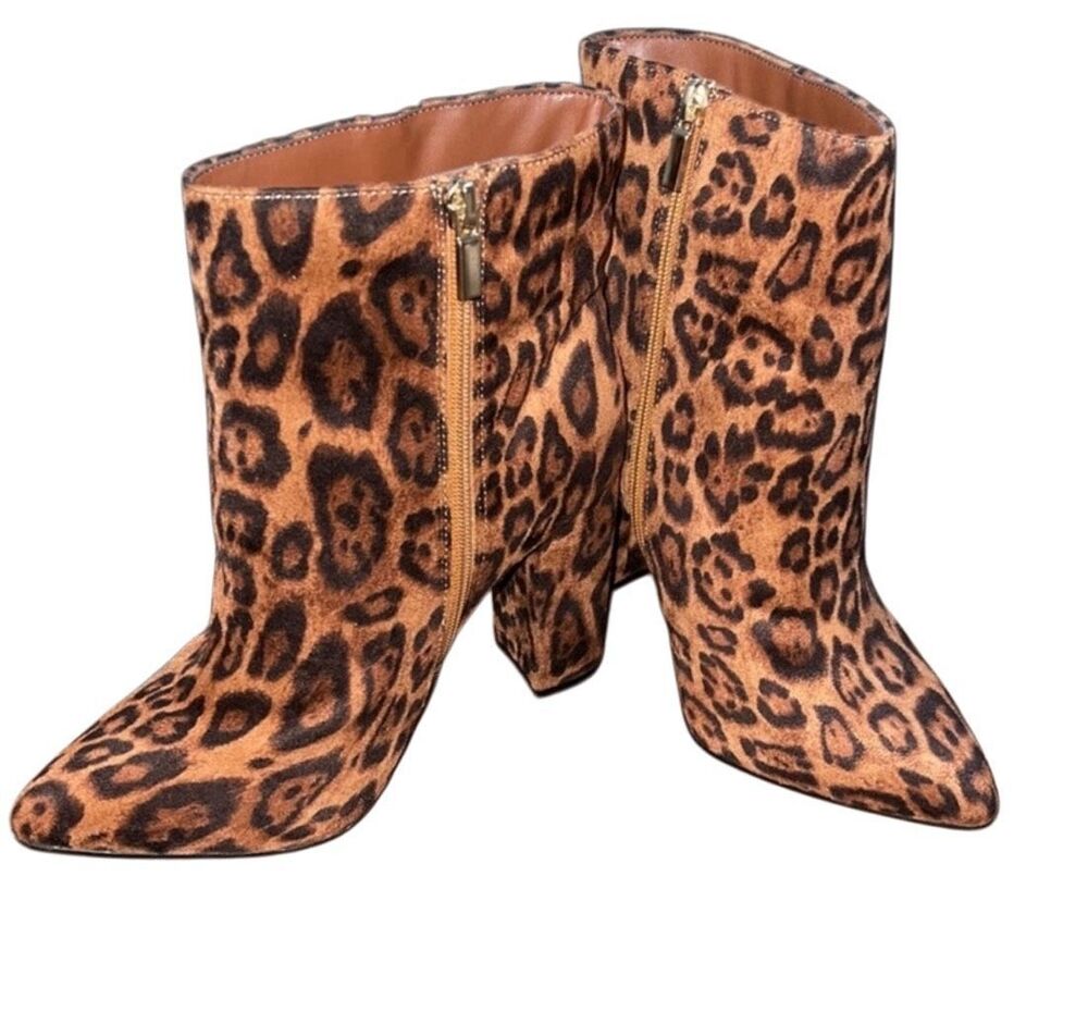 Suede Leopard Print Ankle Booties with Chunky Block Heel Sz 7
